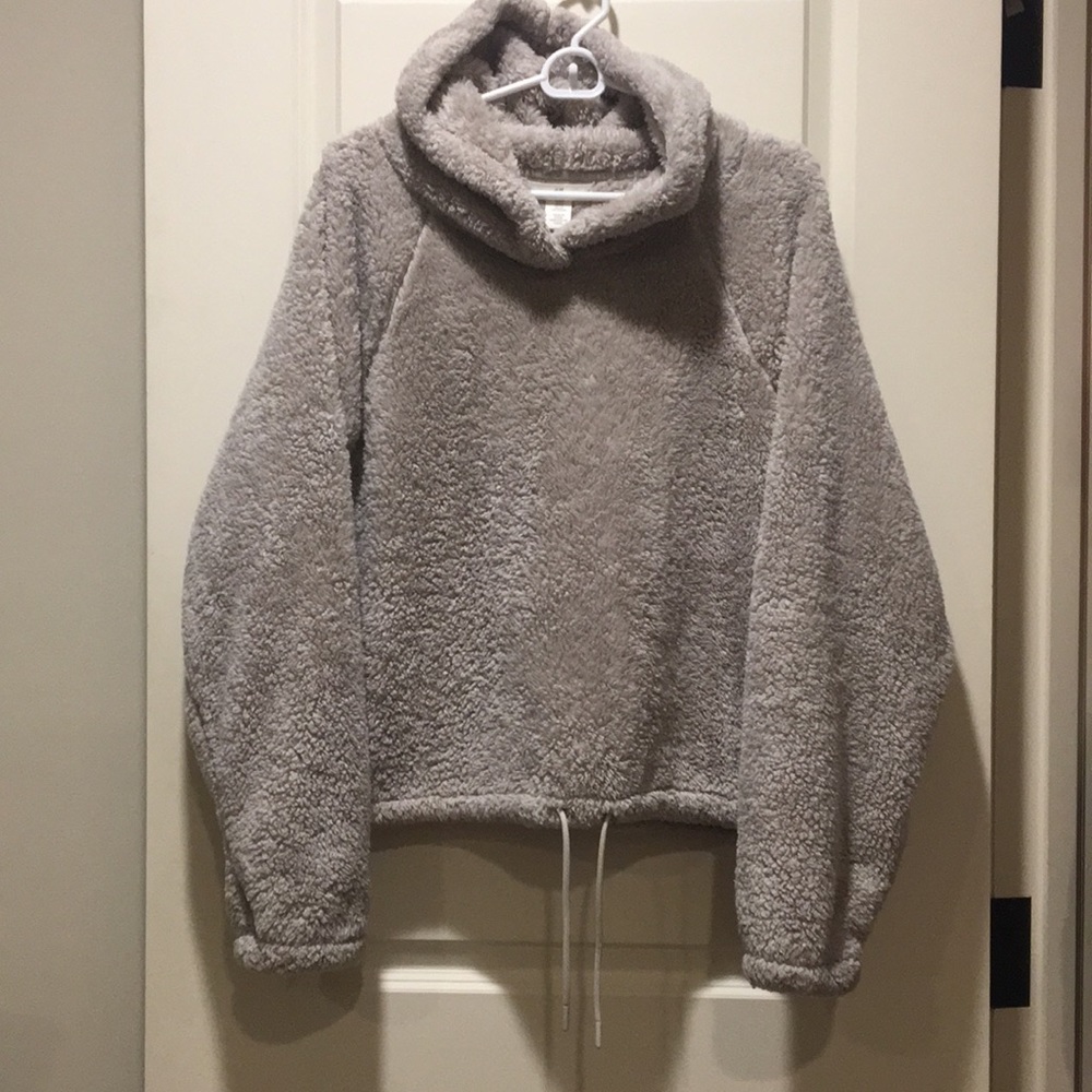 H&M women boxy Sherpa faux fur crop pullover hoodie sweatshirt jacket size XL